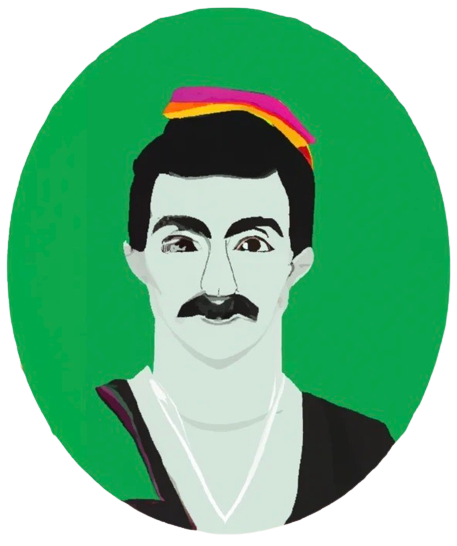 A surrealist style image of a man with grey skin, black hair and moustache, 
                wearing a yellow and pink flat cap, set against a green backdrop.