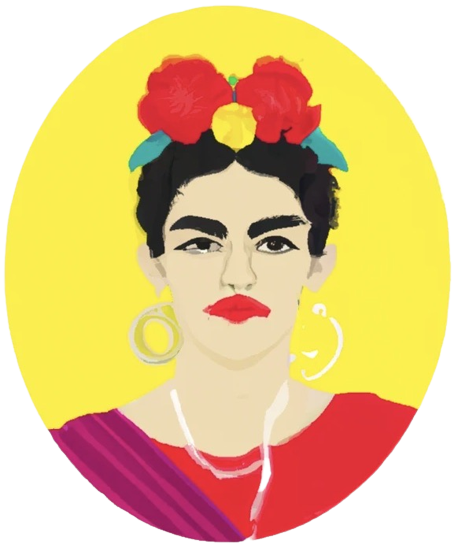 A surrealist image of a woman wearing a red, yellow and blue flowery headdress, with olive skin, red lipstick, 
                gold earrings, and wearing a red and purple shirt.